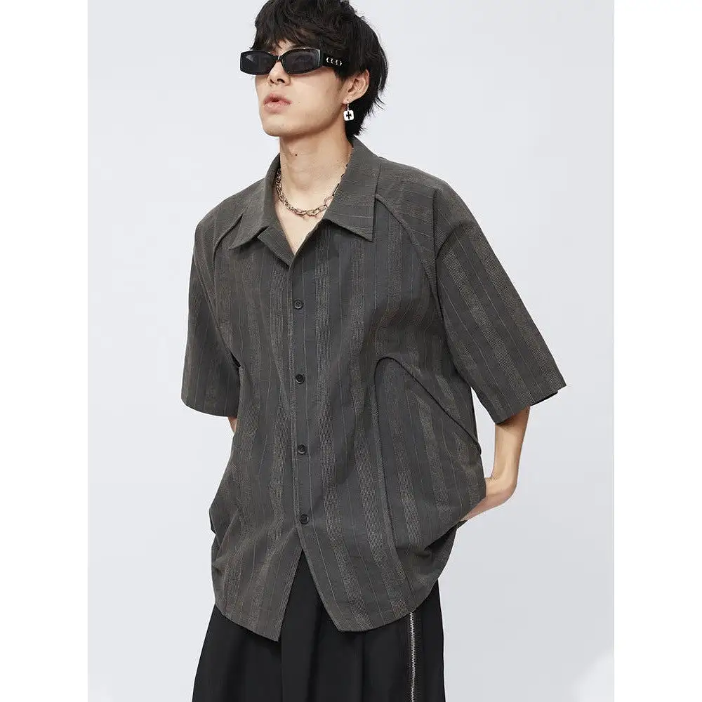 Dark striped loose retro thin short-sleeved shirt