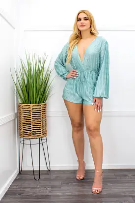 Deep V Long Sleeve Belted Romper