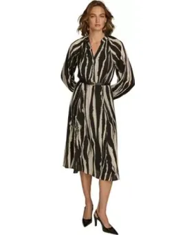 Donna Karan Women's Long Sleeve Stripe Print Belted Fit and Flare Dress