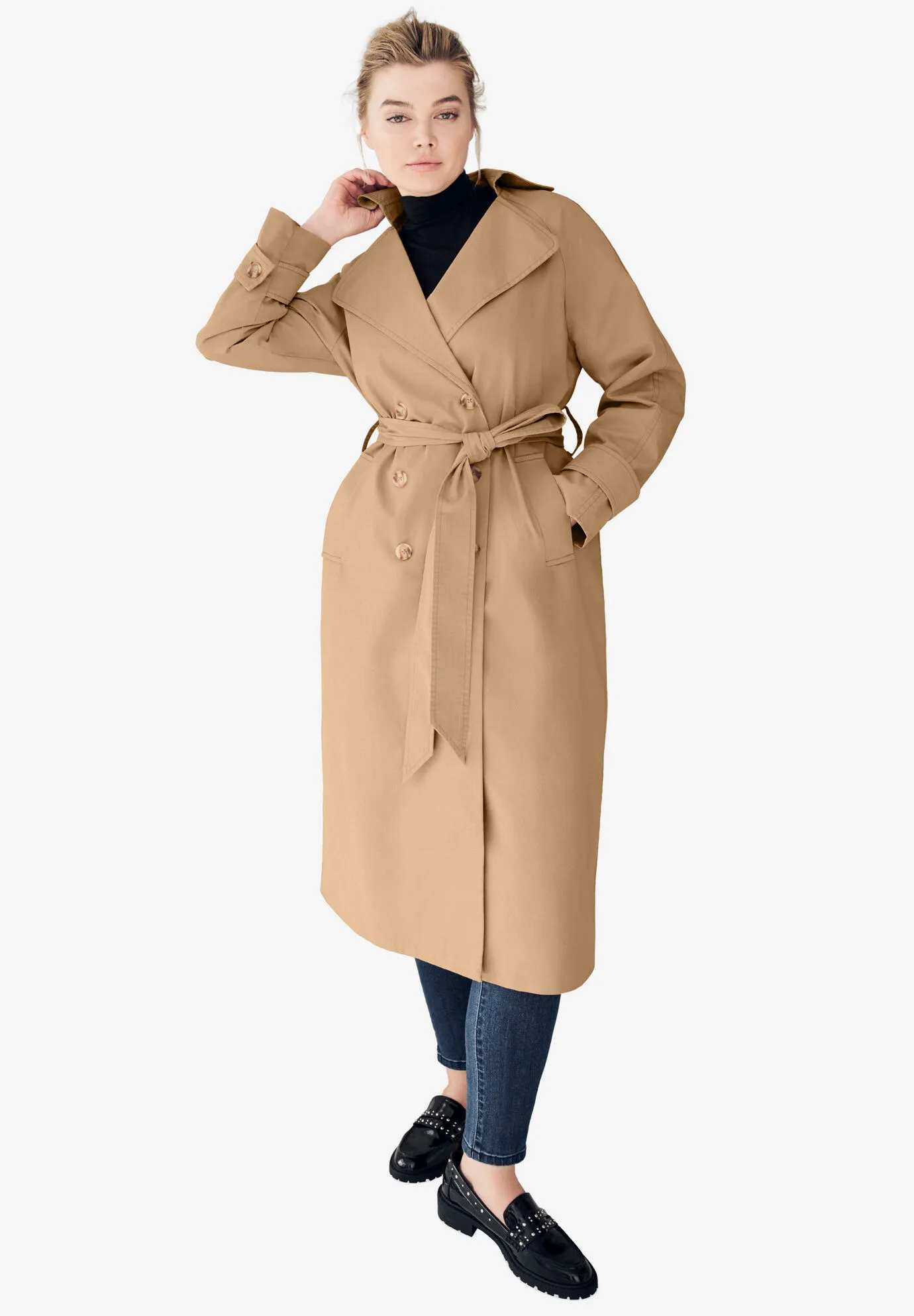 Double-Breasted Belted Trench Raincoat