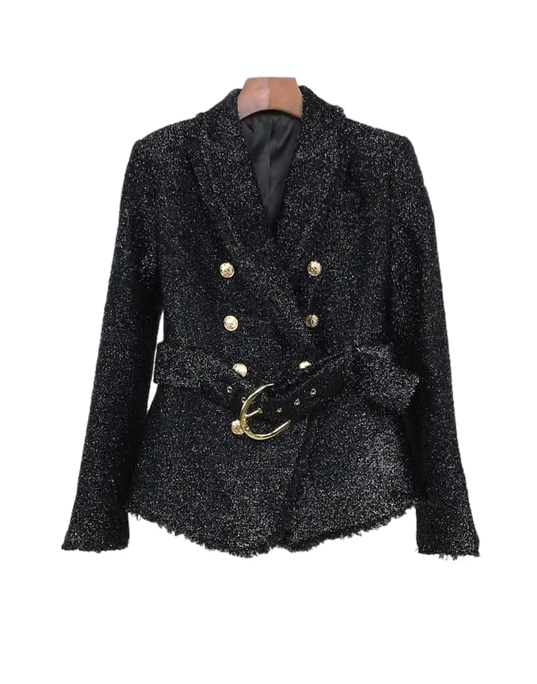 Double Breasted Glittery Belted Blazer With Gold Buttons