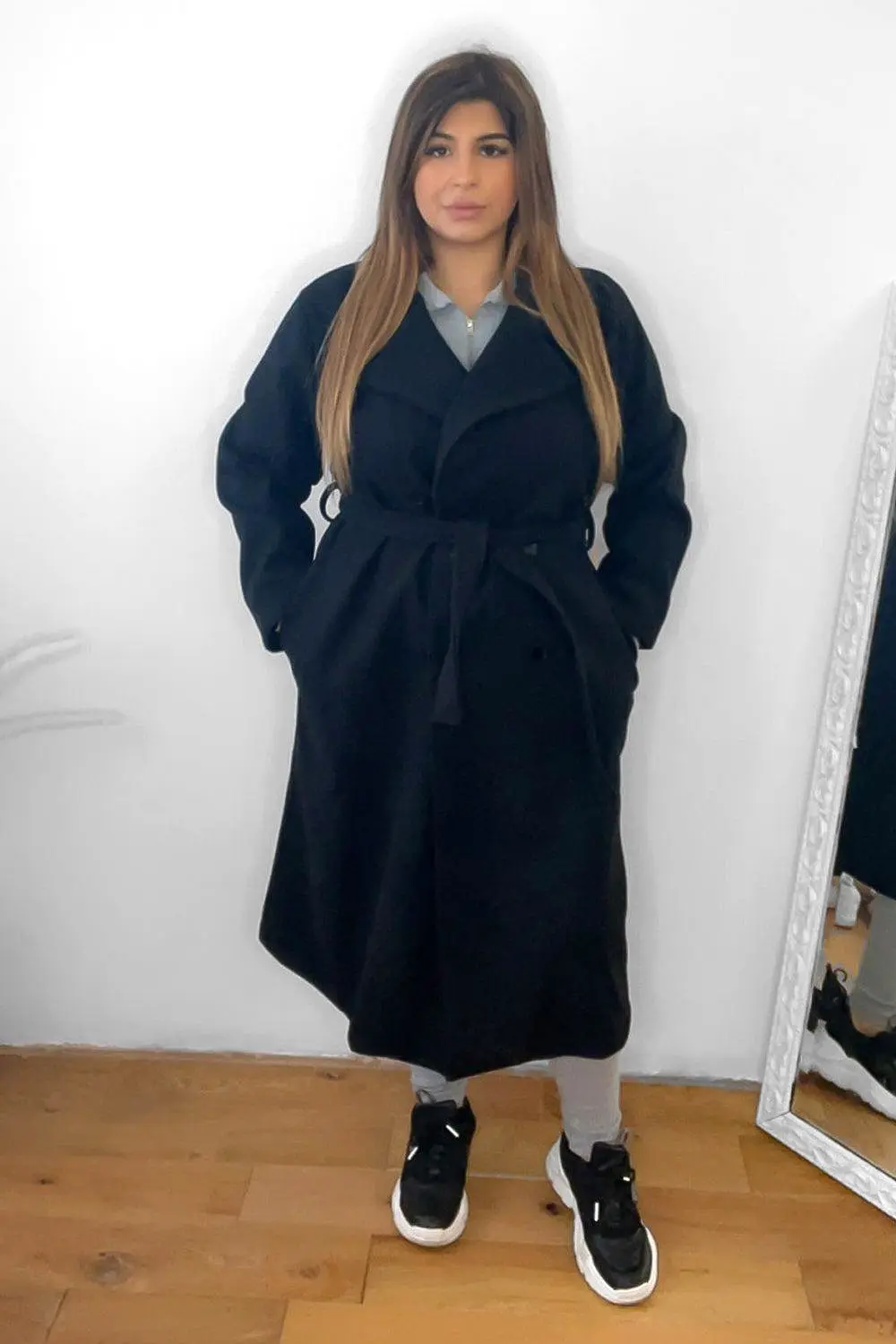 Double Breasted Self Tie Belt Midi Coat