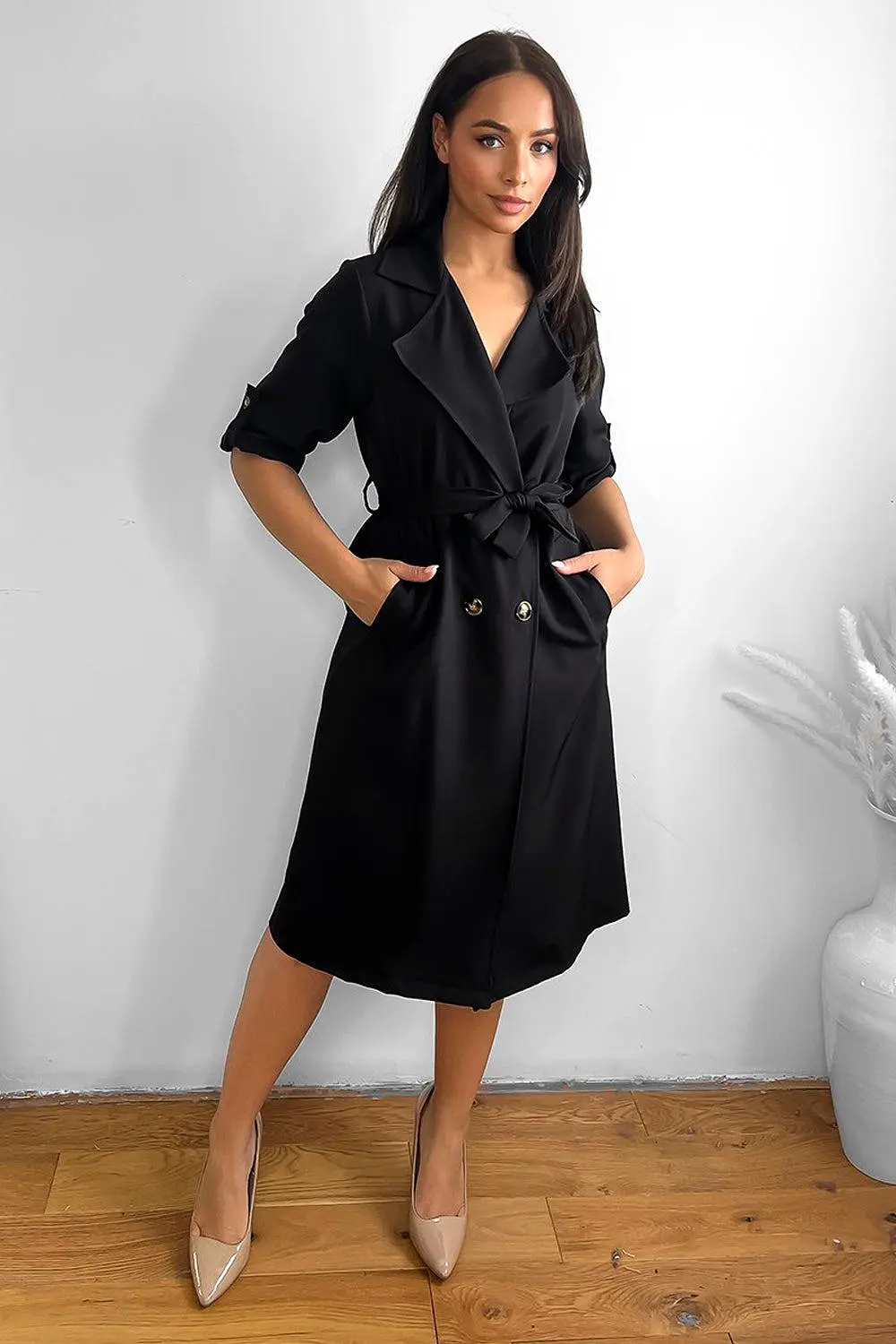 Double Breasted Self Tie Belt Unlined Trench Coat