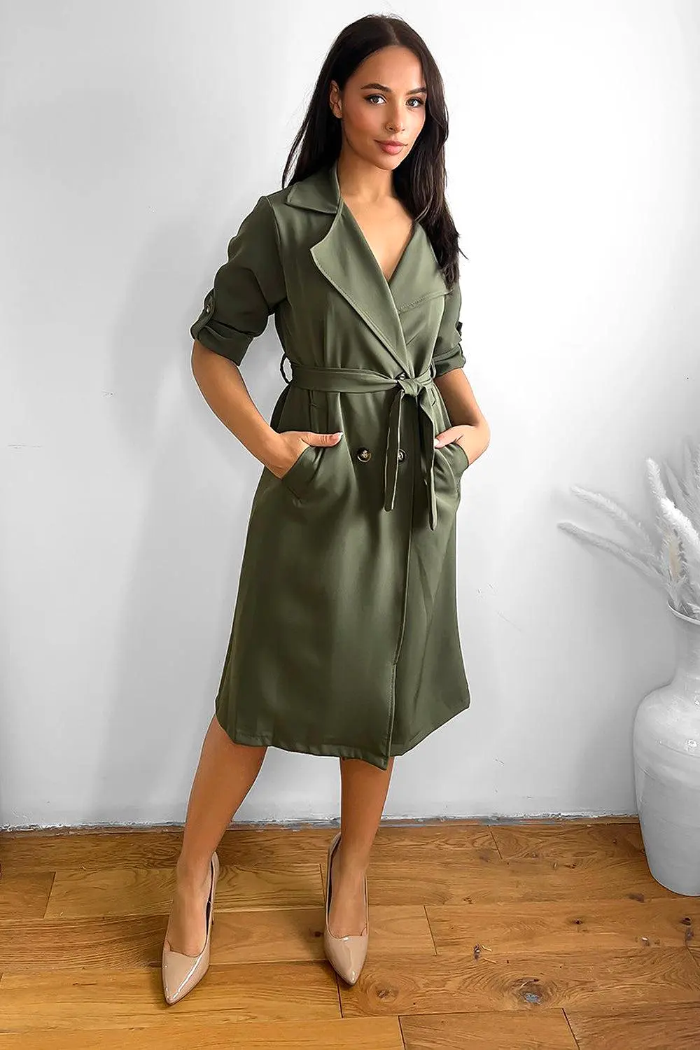 Double Breasted Self Tie Belt Unlined Trench Coat