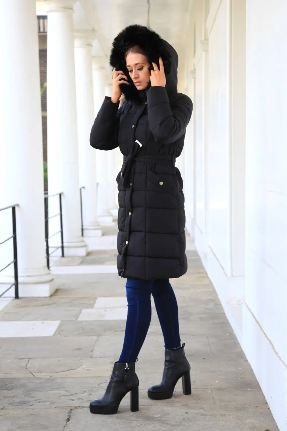 Double Second Black Glam Belted Long Puffer Coat