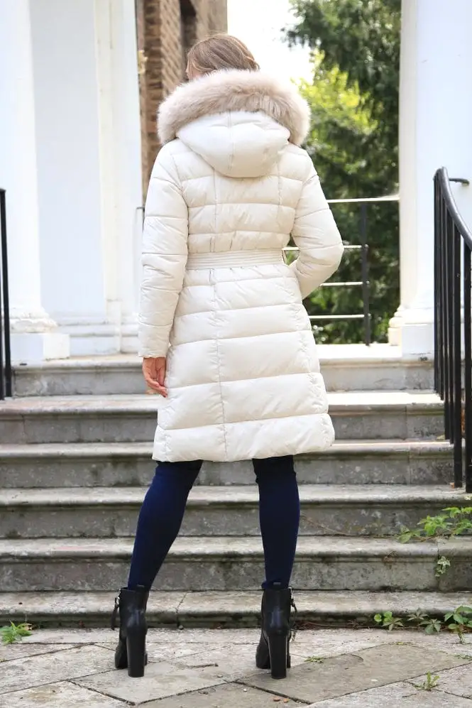 Double Second Ecru Glam Belted Long Puffer Coat