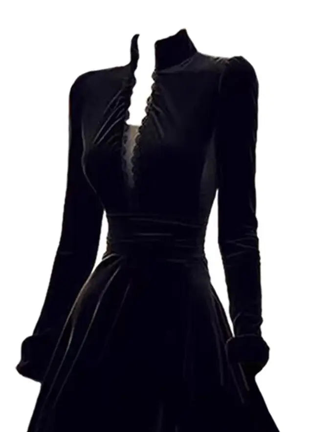 Elegant Black Stand Collar Patchwork Slim Fit Velvet Dresses Spring HA1012