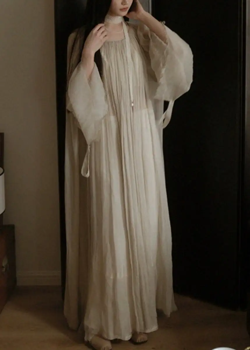 Elegant White Solid Wrinkled Silk Cotton Long Dress Flare Sleeve AB1057