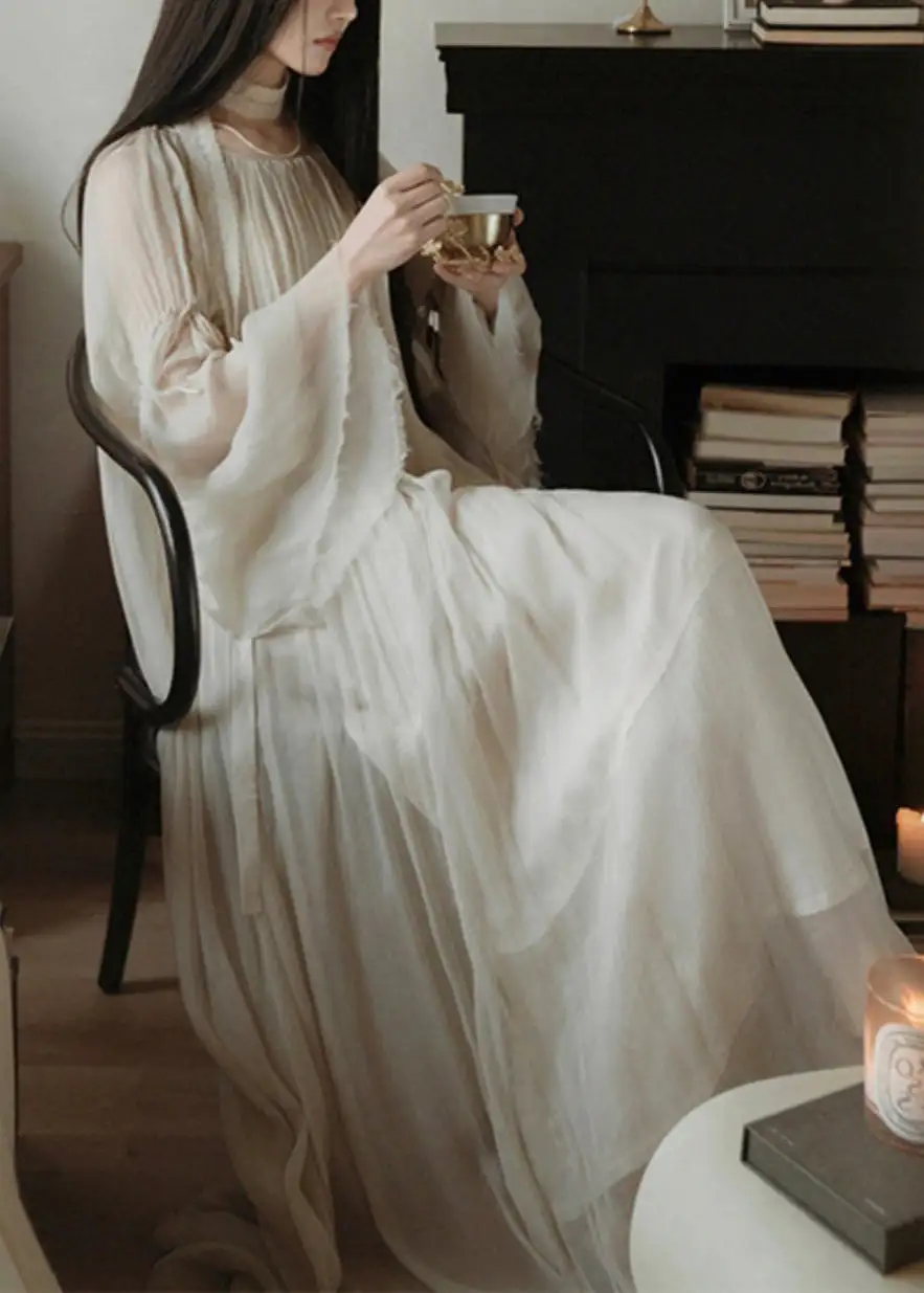 Elegant White Solid Wrinkled Silk Cotton Long Dress Flare Sleeve AB1057