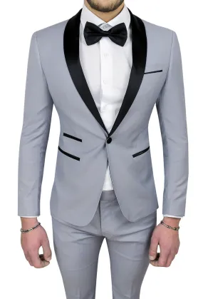 ELEGANTE ABITO UOMO GRIGIO CHIARO IN RASO COMPLETO SMOKING SLIM FIT ADERENTE