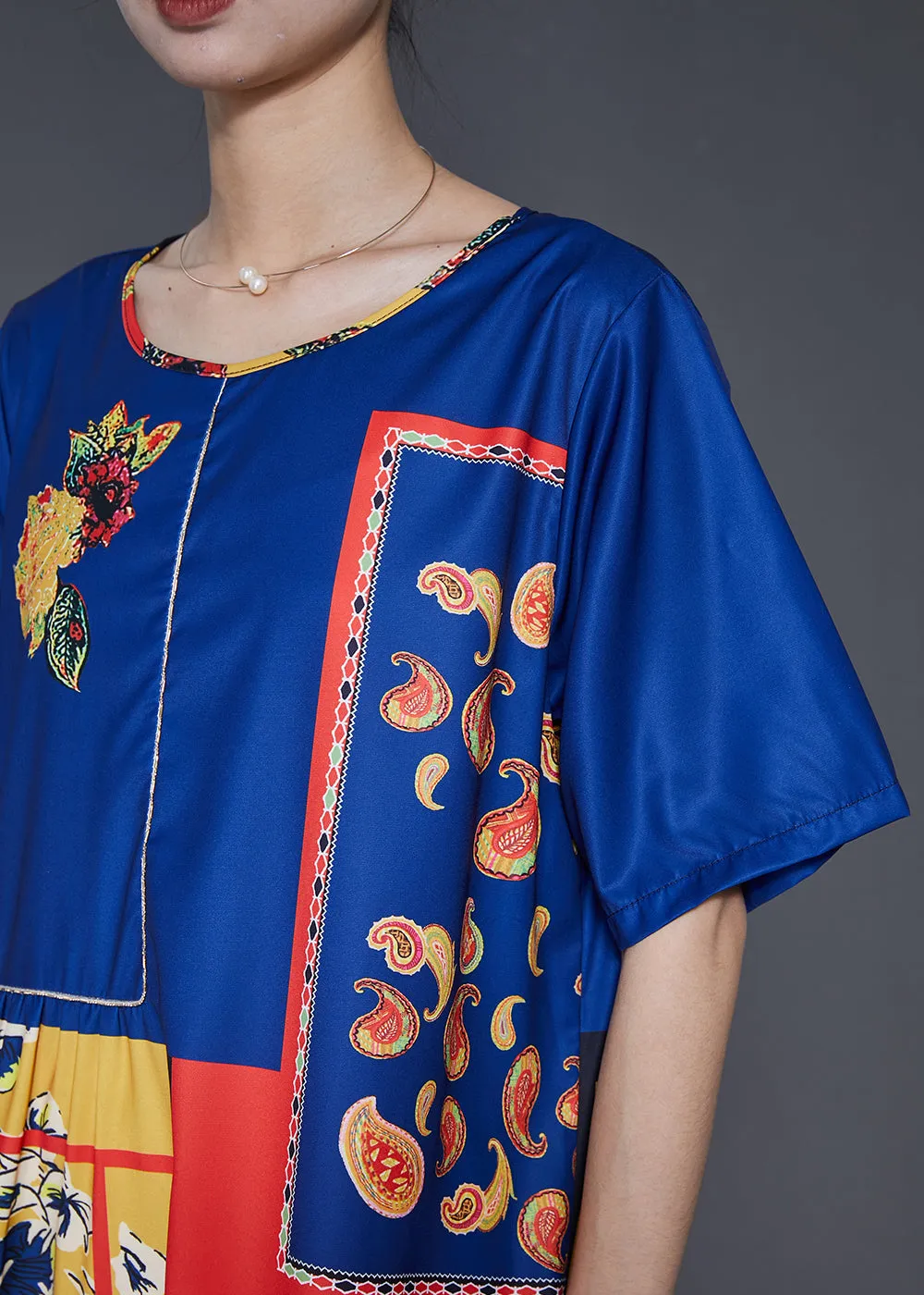 Ethnic Style Blue Oversized Print Silk Dresses Summer