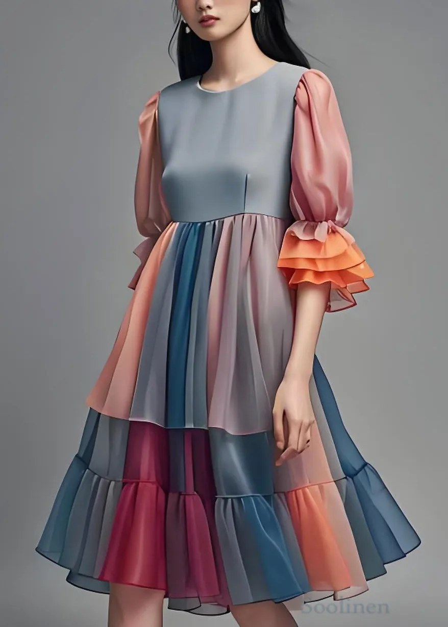 Fashion Colorblock Ruffled Patchwork Chiffon Dress Summer