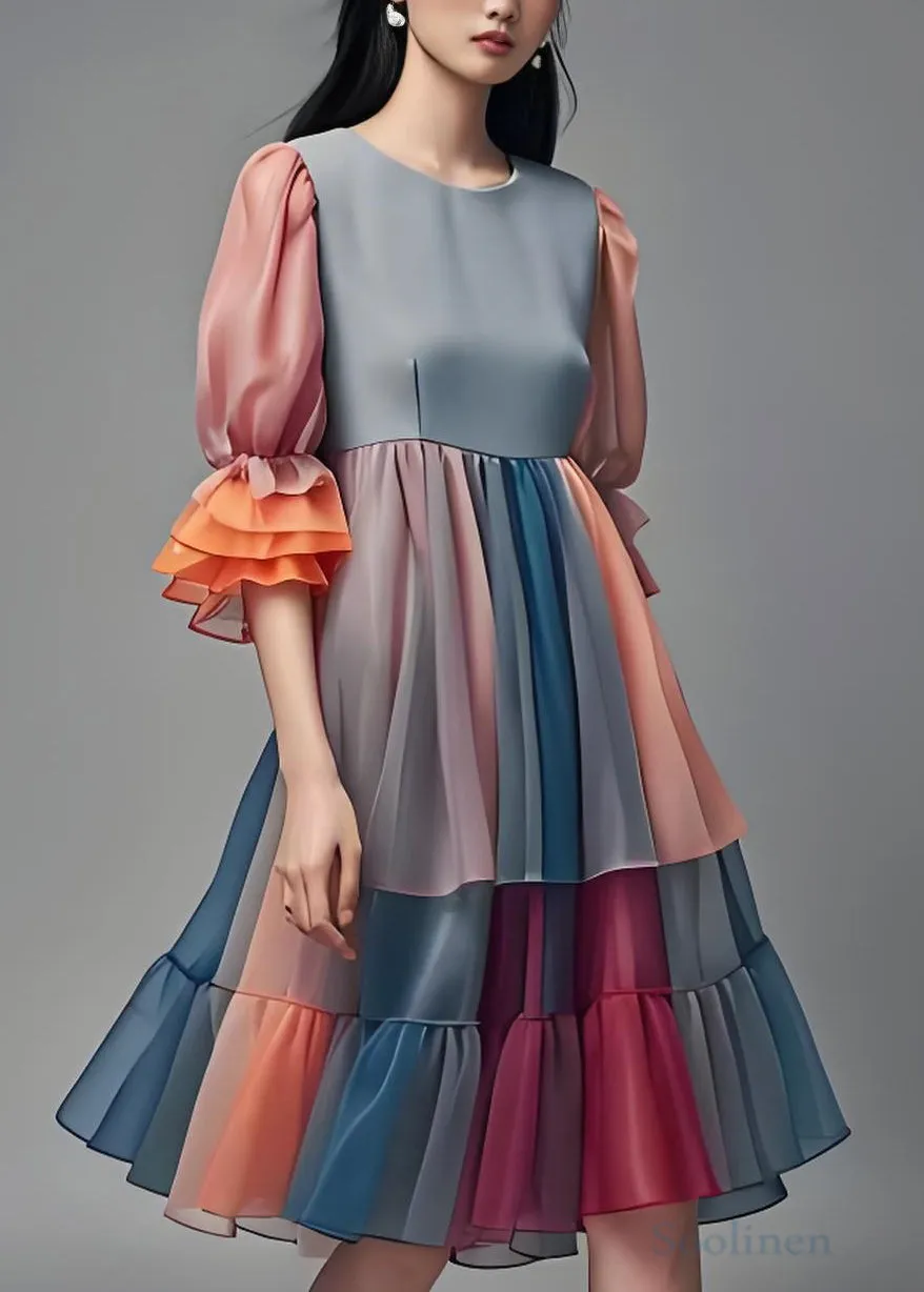 Fashion Colorblock Ruffled Patchwork Chiffon Dress Summer