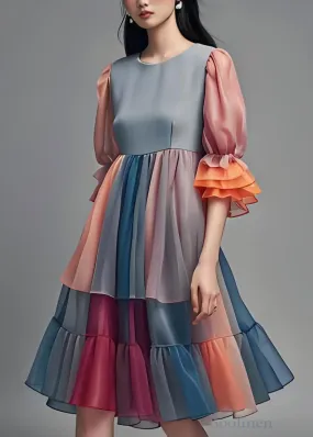 Fashion Colorblock Ruffled Patchwork Chiffon Dress Summer