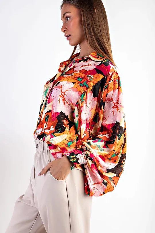 Floral Print Button Down Long Sleeve Collared Top