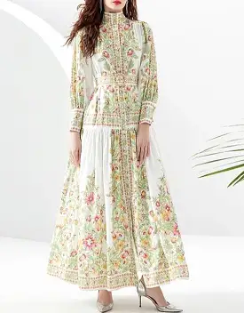 Flower Print Belted Chiffon Long Dress