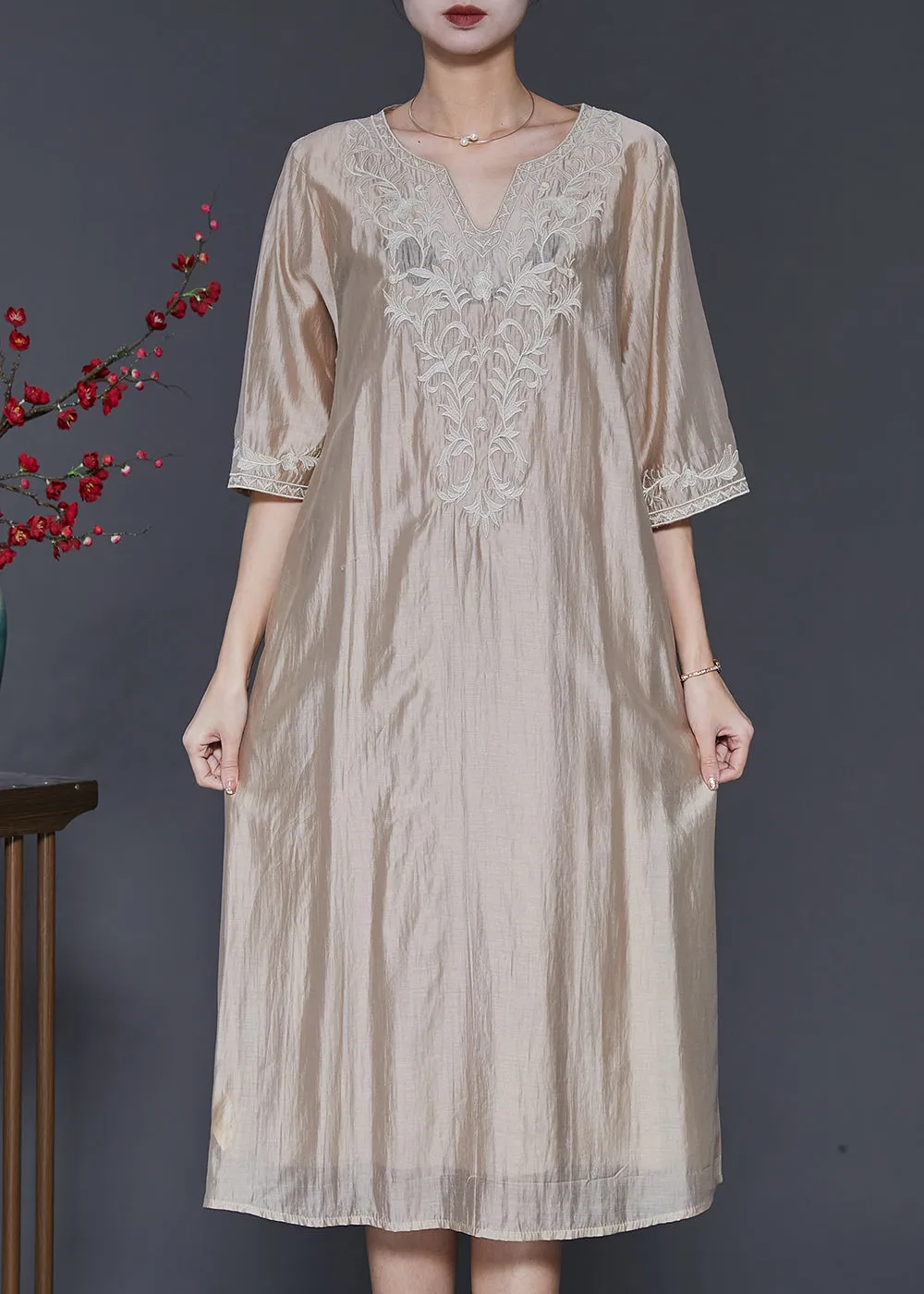 French Champagne Embroidered Linen Silk Dresses Half Sleeve