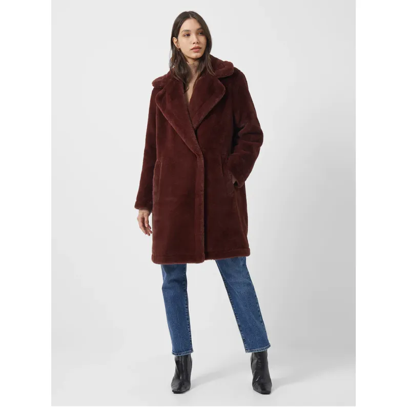 French Connection Buona Faux Fur Long Coat - Bitter Chocolate