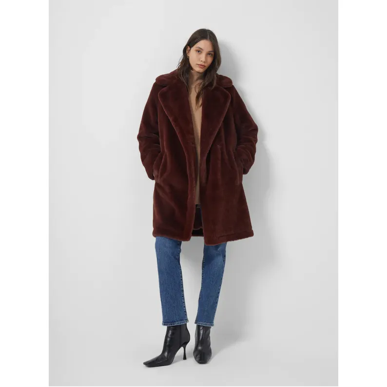 French Connection Buona Faux Fur Long Coat - Bitter Chocolate