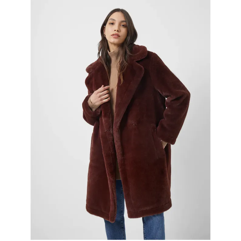 French Connection Buona Faux Fur Long Coat - Bitter Chocolate