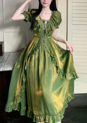 French Gilding Green Ruffled Patchwork Silk Dresses Summer