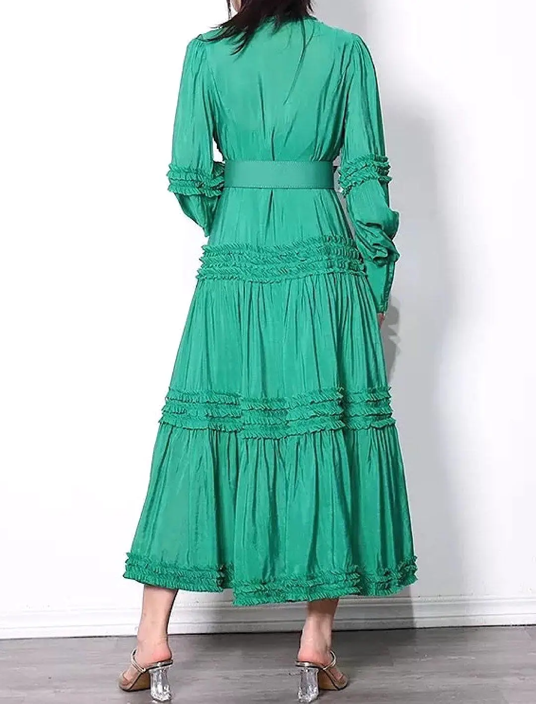 Frill Decorated Long Sleeve Belted Dress