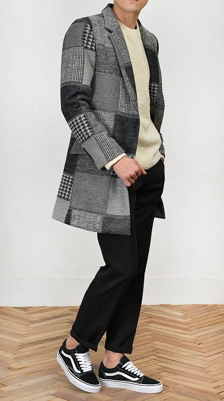 Gray Patchwork Checkered Single Breasted Two Button Wool Blend Coats