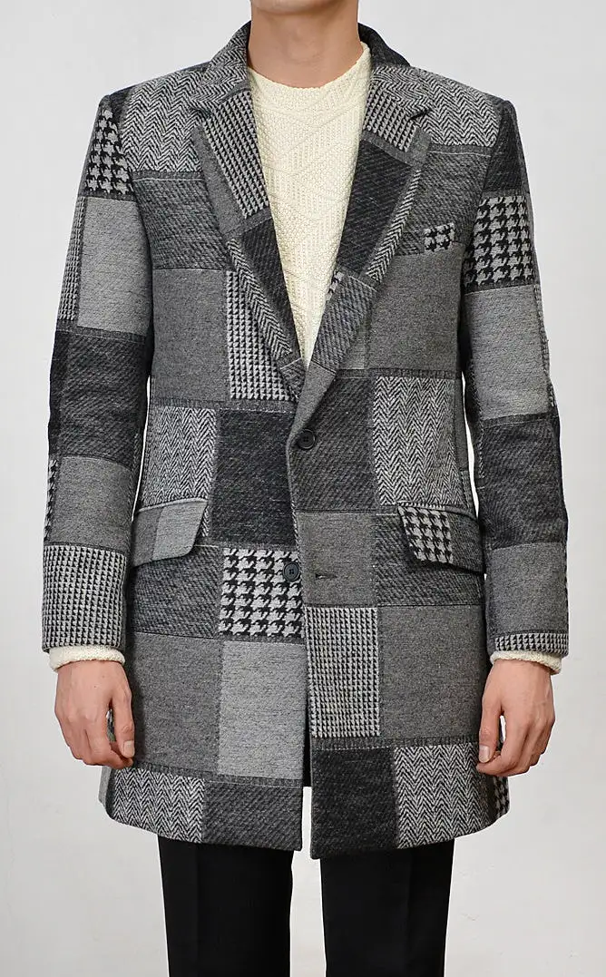 Gray Patchwork Checkered Single Breasted Two Button Wool Blend Coats