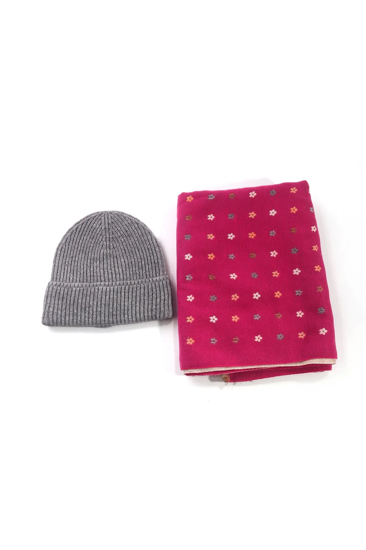 Grey & Pink Scarf And Beanie Set