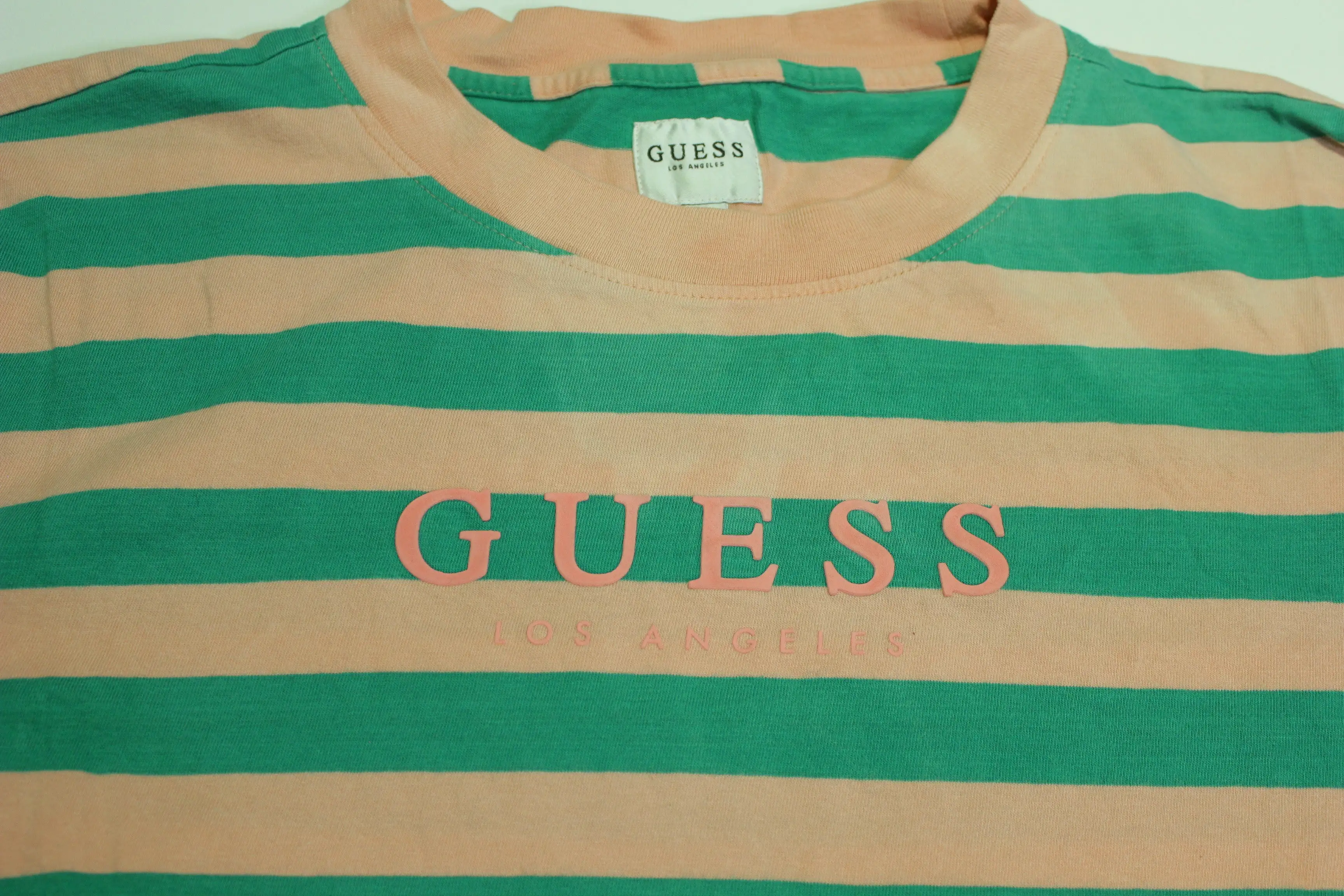 Guess Los Angeles Pink Green Striped Short Sleeved T-Shirt