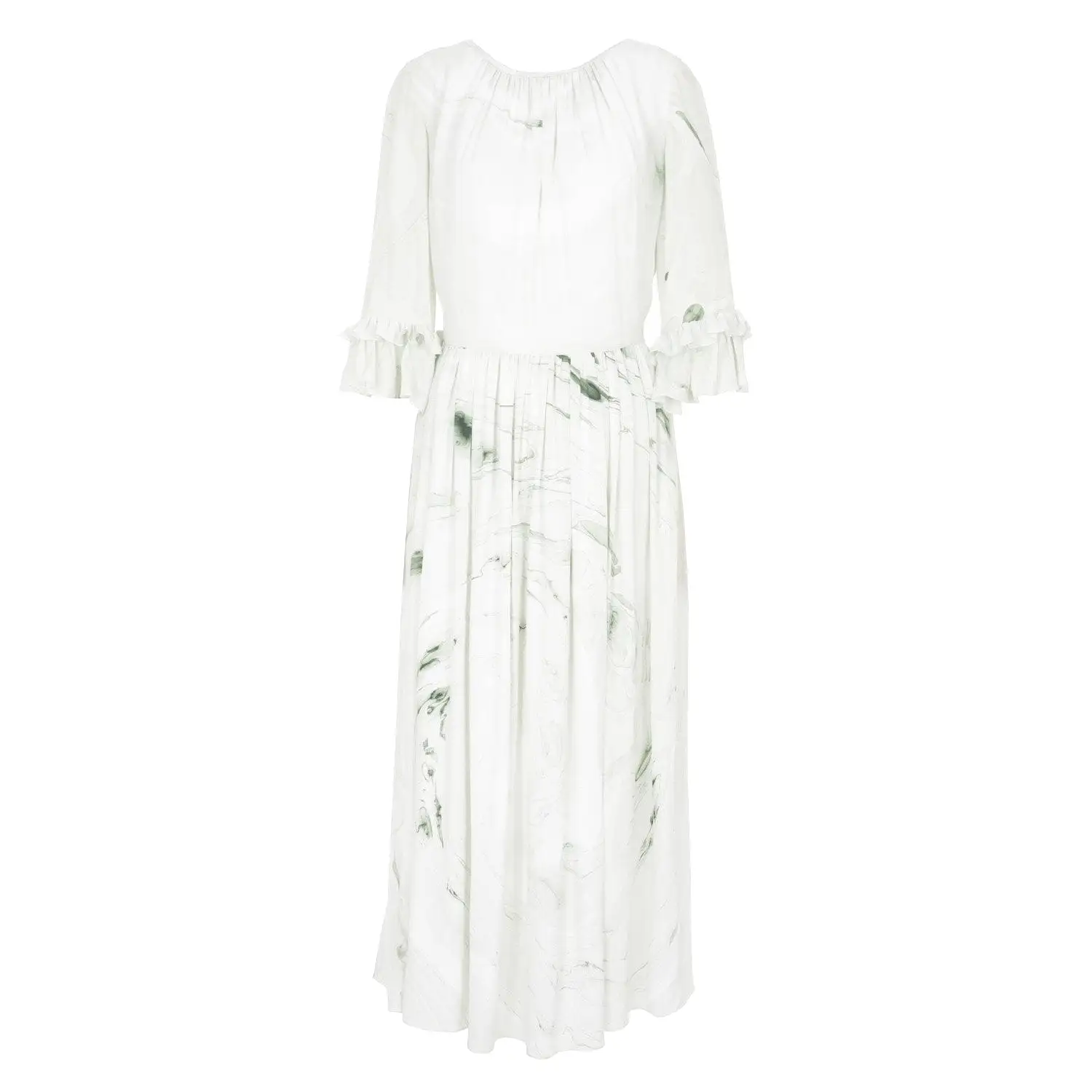 Hand Marbled Silk Gather Dress - White & Green