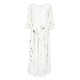 Hand Marbled Silk Gather Dress - White & Green