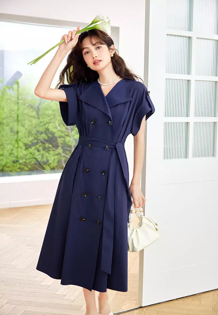 Hopeshow Tie Belted Double Breasted Trench Coat Dress