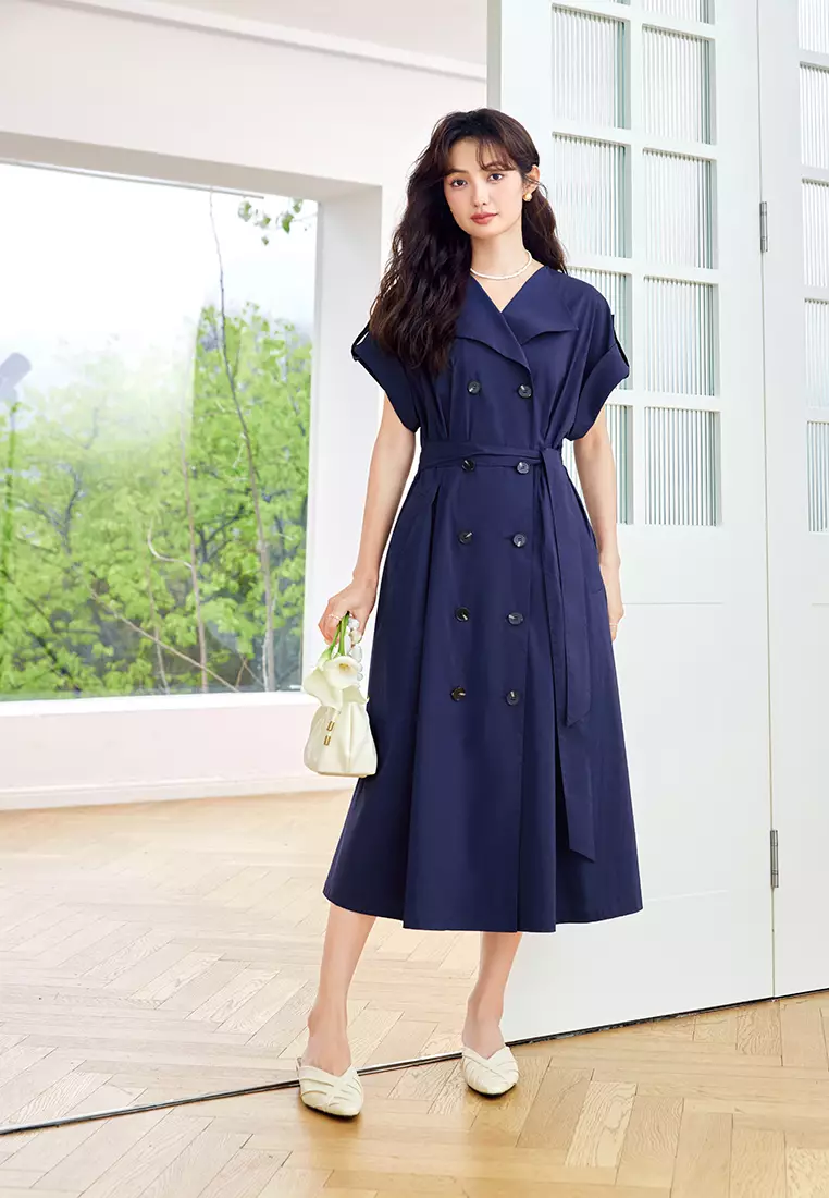 Hopeshow Tie Belted Double Breasted Trench Coat Dress