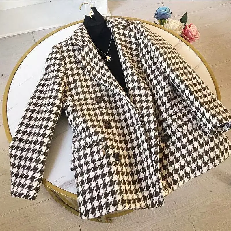 Houndstooth Long Sleeve Outerwear Belted Jacket