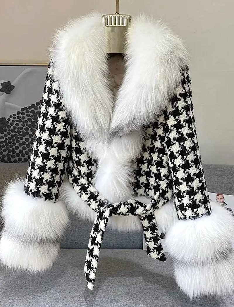 Houndstooth White Fox Fur Trim Belted Wool Jacket