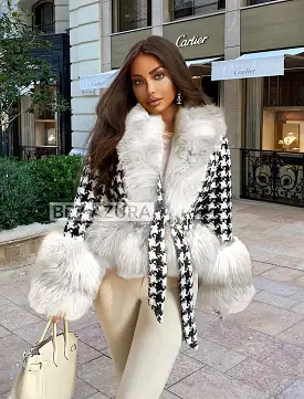 Houndstooth White Fox Fur Trim Belted Wool Jacket