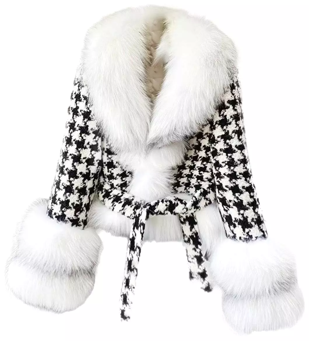 Houndstooth White Fox Fur Trim Belted Wool Jacket