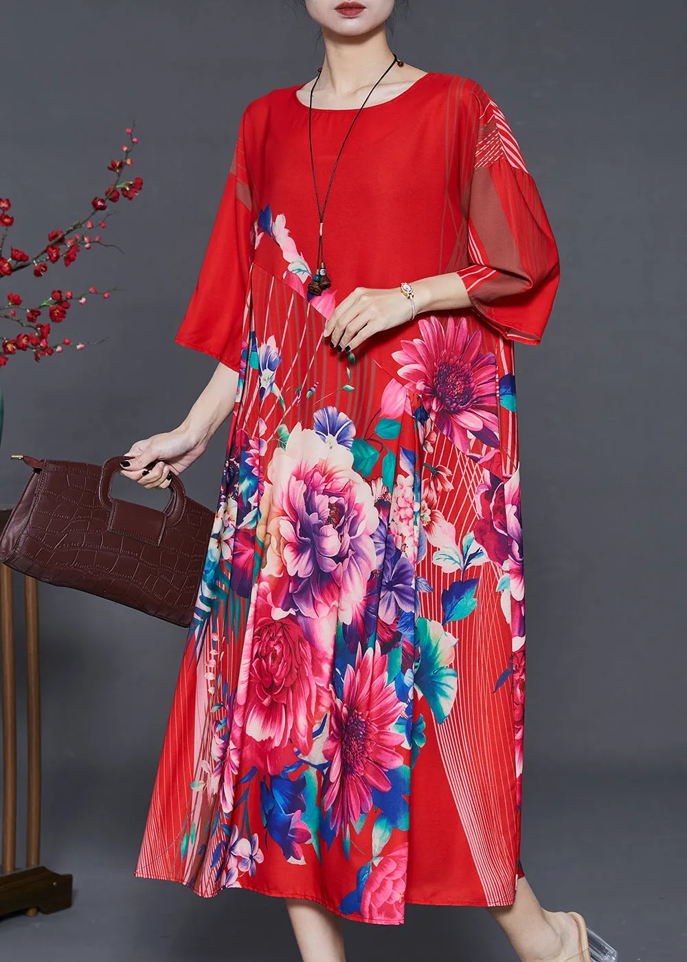 Italian Red Oversized Floral Silk Dresses Summer