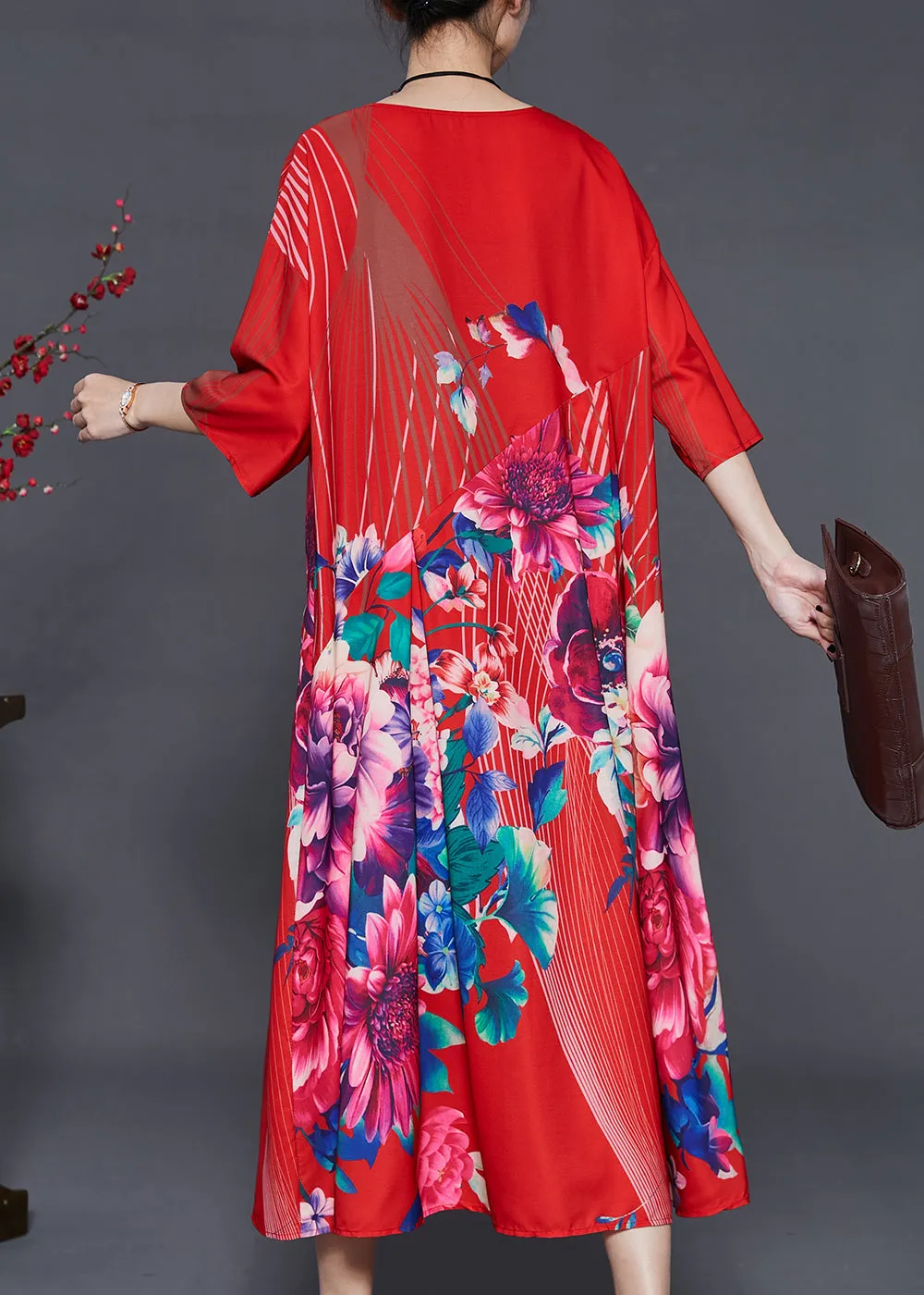 Italian Red Oversized Floral Silk Dresses Summer