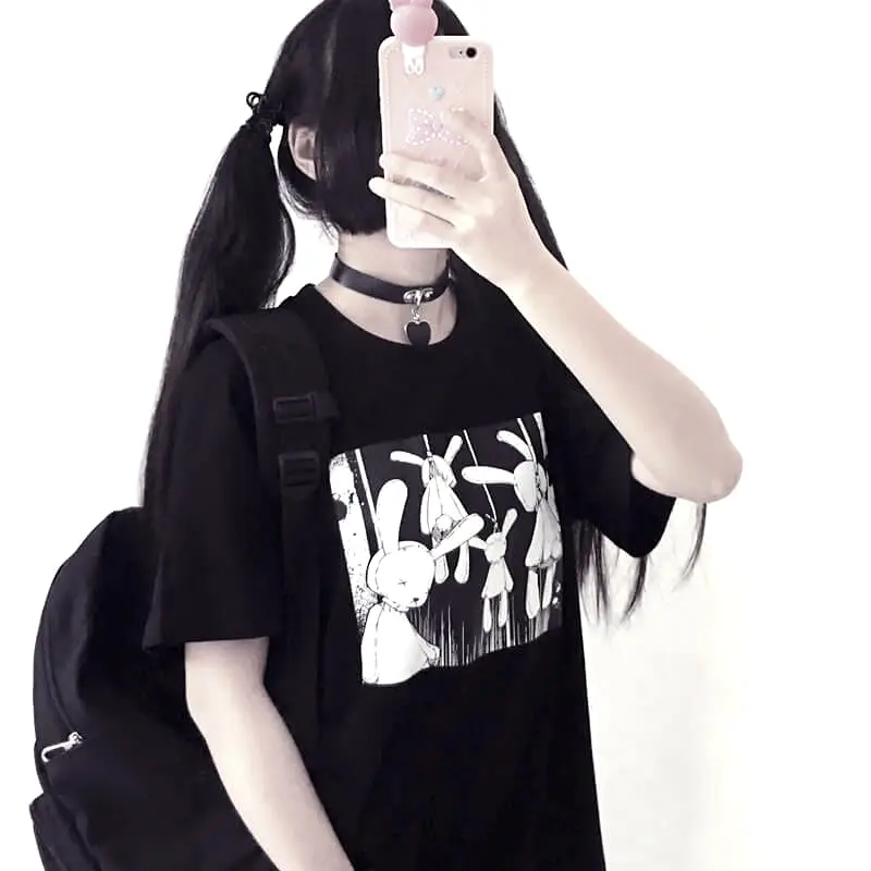 JAPANESE DARK BLACK BUNNY PRINT T-SHIRT BY52505