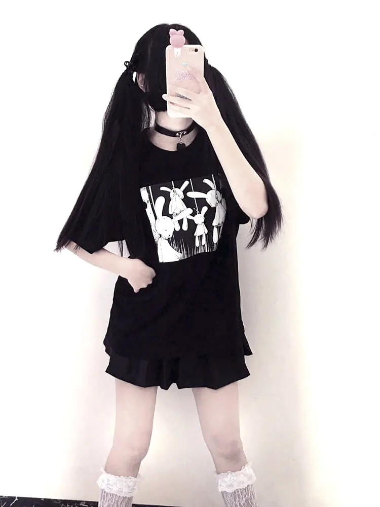 JAPANESE DARK BLACK BUNNY PRINT T-SHIRT BY52505