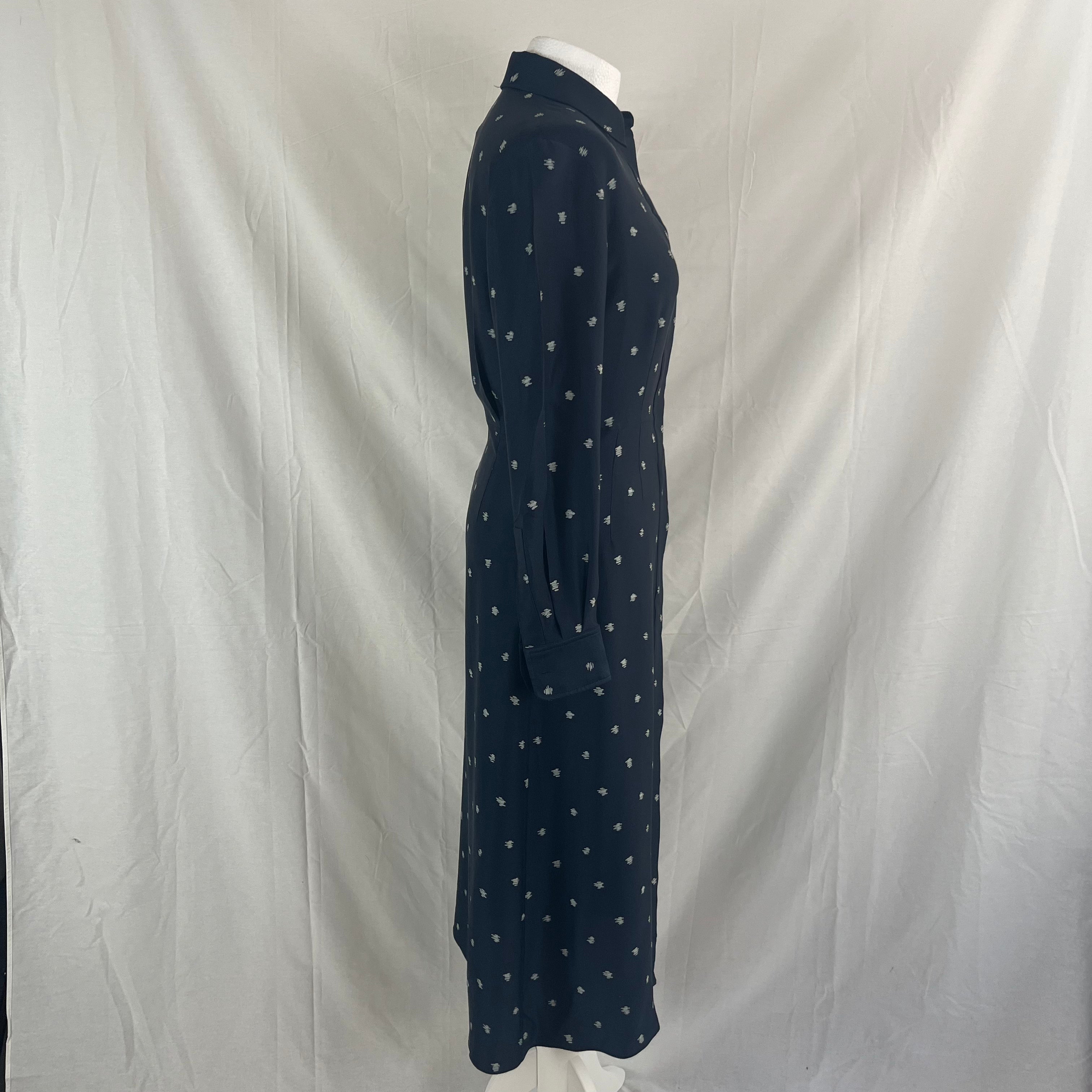 Joseph Navy Silk Scribble Spot Turner Shirtdress XS