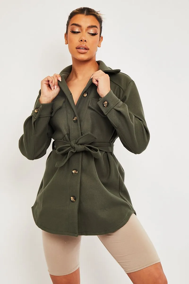 Khaki Long Belted Shacket - Maryah