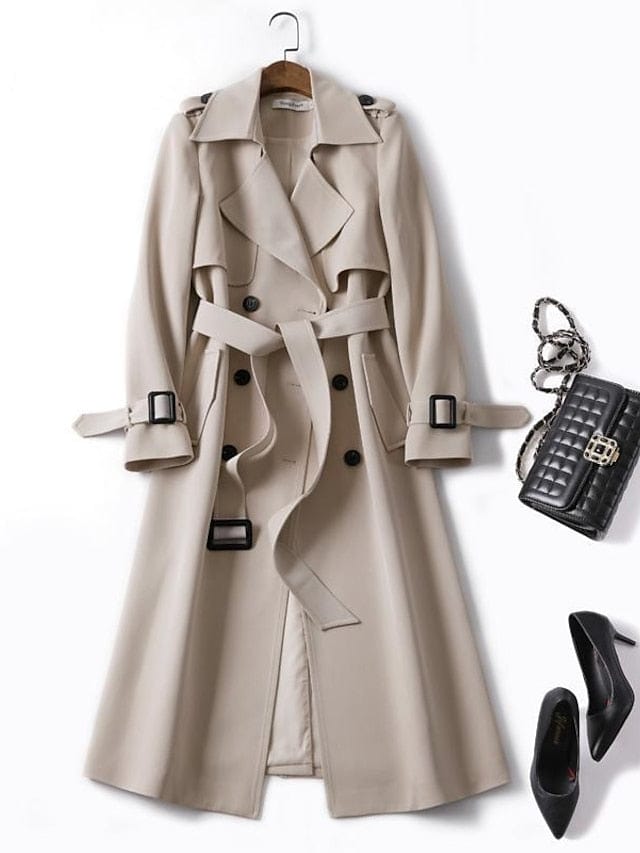 Ladies' Elegant Double Breasted Trench Coat with Belt and Pockets