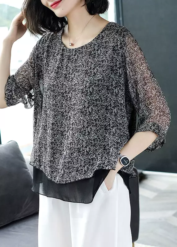 Loose Grey O Neck Chiffon Patchwork Top Bracelet Sleeve AB1007