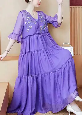 Loose Purple V Neck Embroidered Wrinkled Patchwork Chiffon Dress Summer HA1058