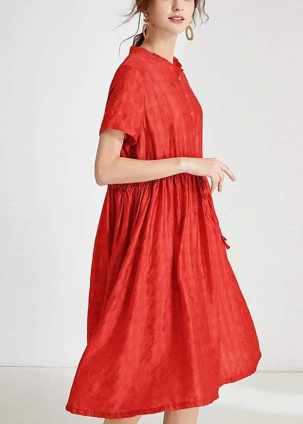 Loose Red Ruffled Tie Waist Silk Dress Short Sleeve AB1017