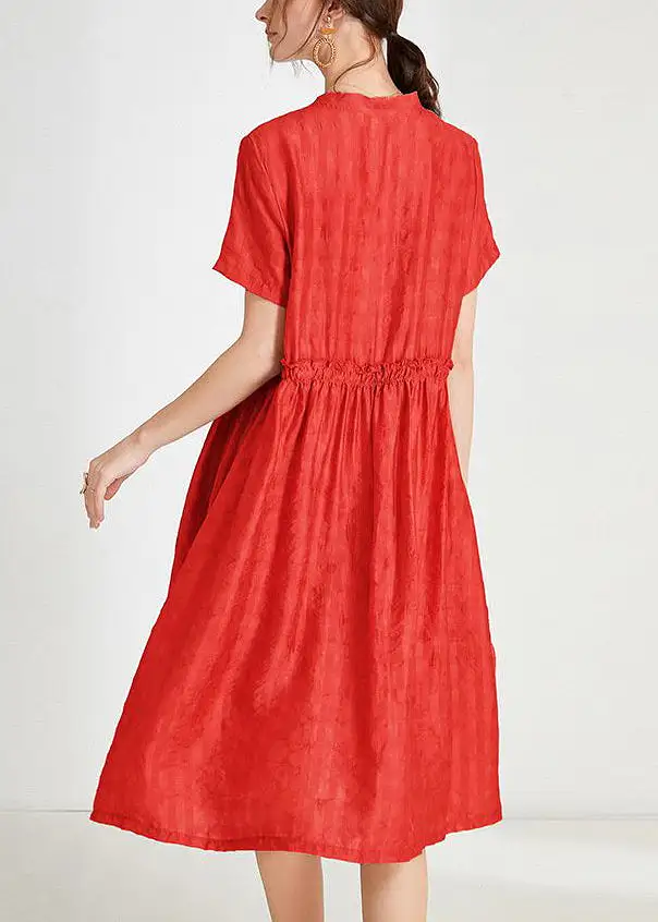 Loose Red Ruffled Tie Waist Silk Dress Short Sleeve AB1017