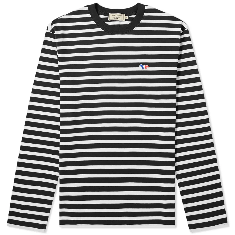 Maison Kitsuné Long Sleeve Tricolour Fox Stripe TeeBlack & White